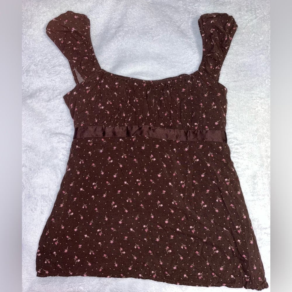 Hollister Brown Floral Babydoll Top with Ribbon - M